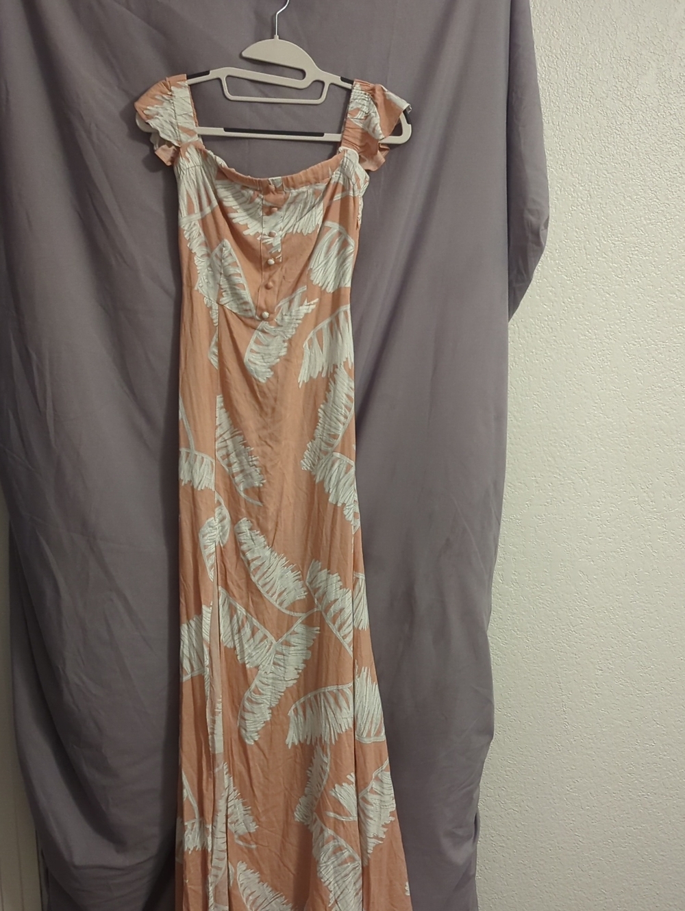 Tan Maxi Dress with White Leaf Print and Button Front
